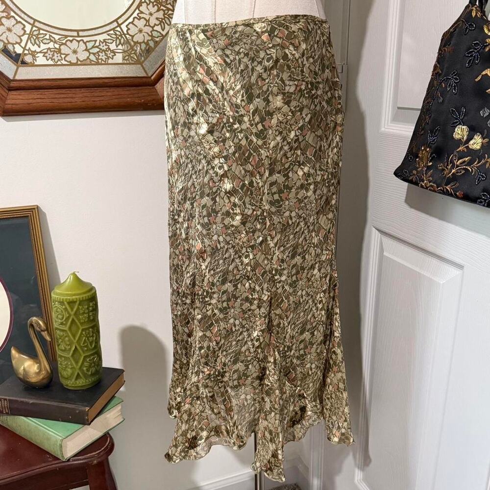 NWT Anne Klein Green & Orange Abstract Reptile Print Handkerchief Hem Silk Skirt